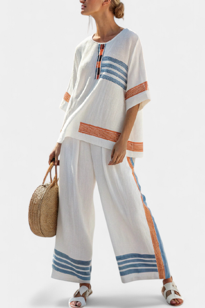 Vivian White Daisy Ethnic Set with Striking Blue and Orange Stripes