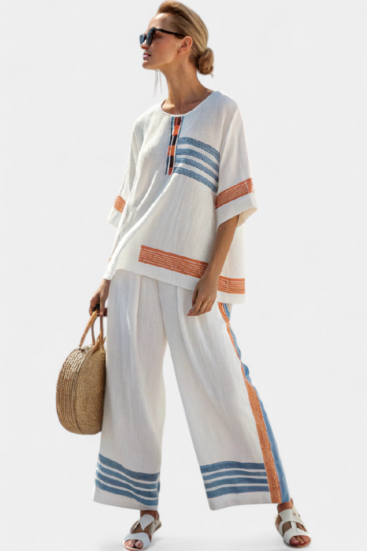 Vivian White Daisy Ethnic Set with Striking Blue and Orange Stripes