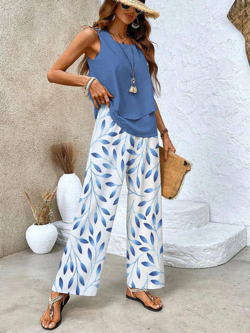 Lunvra Green Plant Print Square Neck Two Piece Set