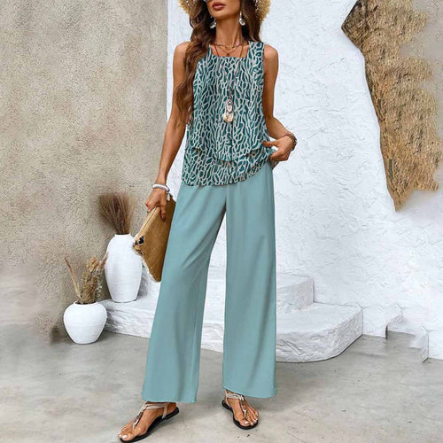 Lunvra Green Plant Print Square Neck Two Piece Set