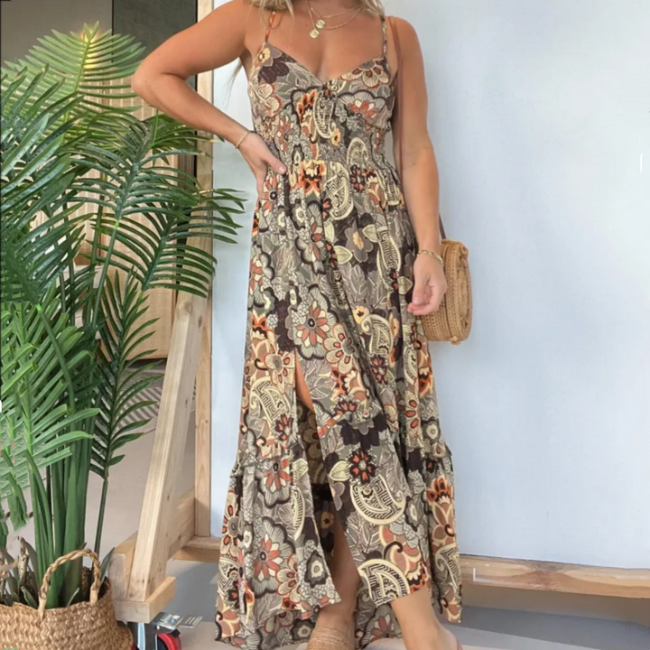 Lunvra Sexy Spaghetti Strap Floral Print Long Dress