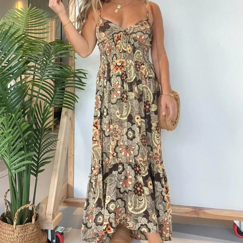 Lunvra Sexy Spaghetti Strap Floral Print Long Dress