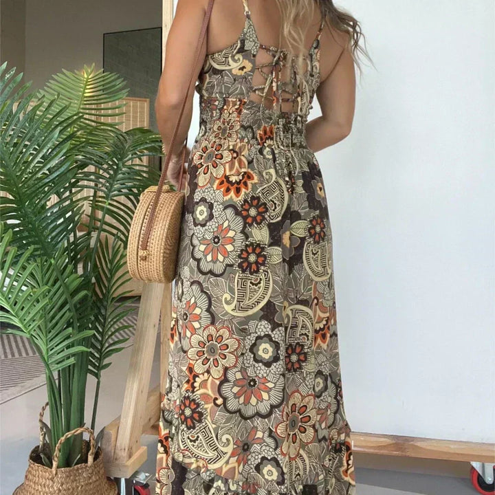 Lunvra Sexy Spaghetti Strap Floral Print Long Dress